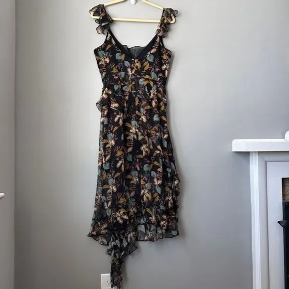 Nicholas Midi Dress US 6 Black Silk Romantic Asymmetric Floral Fairy Whimsygoth - Picture 8 of 10